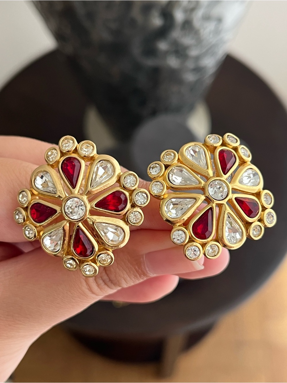 Authentic Vintage Dior Maltese Flower Red Clear Rhinestone Gold Clip-On Earrings